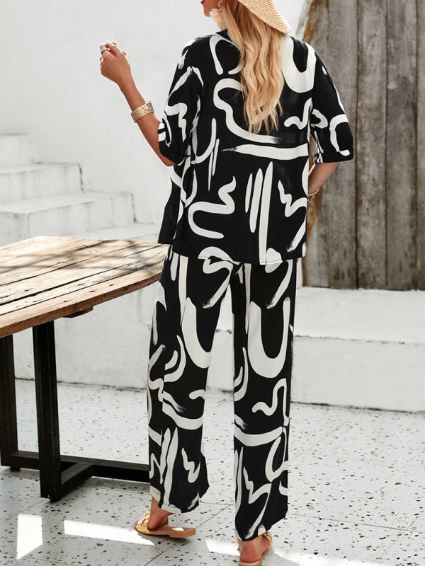 New women's casual fashion printed lapel short - sleeved shirt and trousers vacation suit - Pant Suit